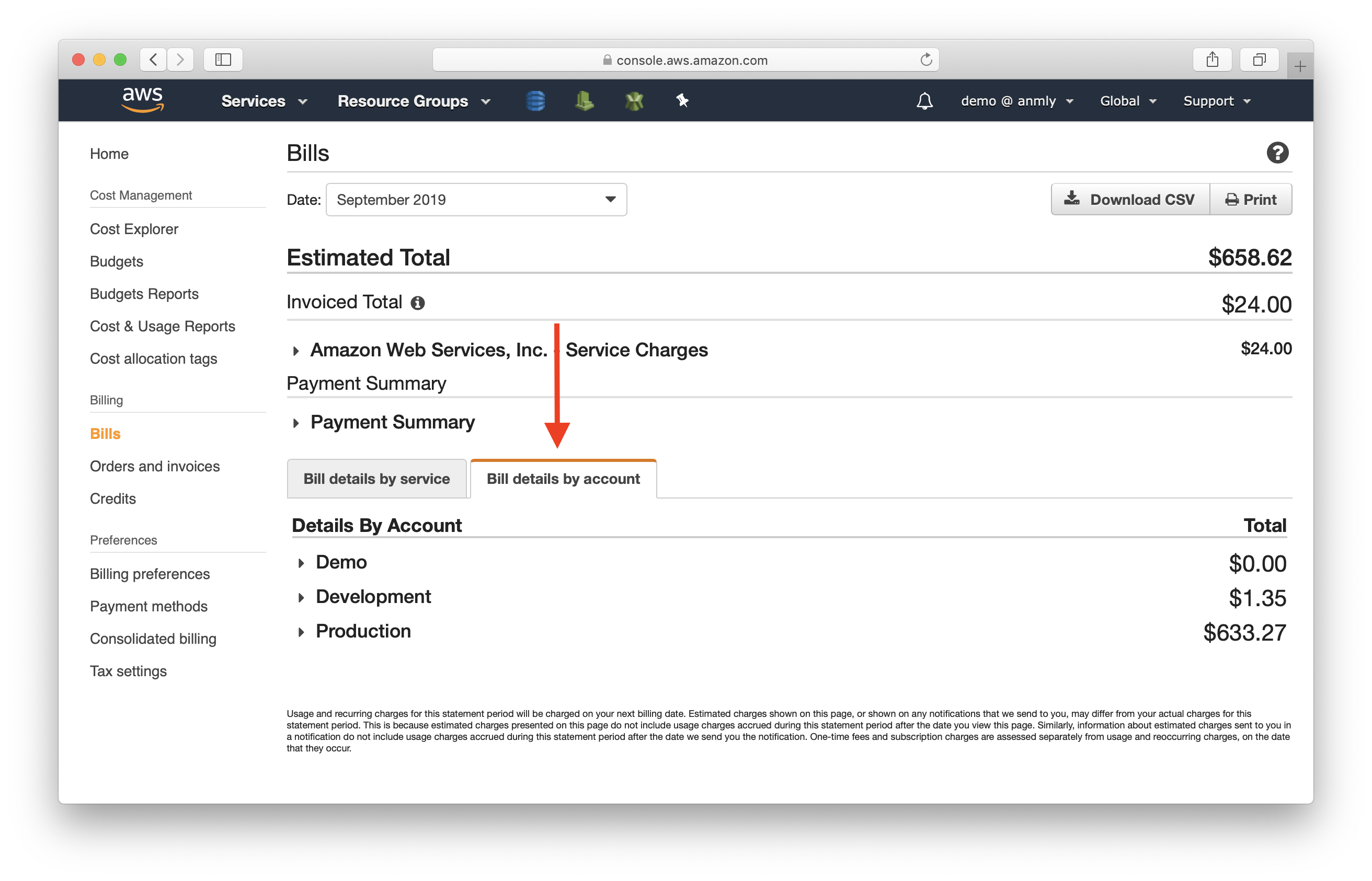 Select Bill details by account screenshot
