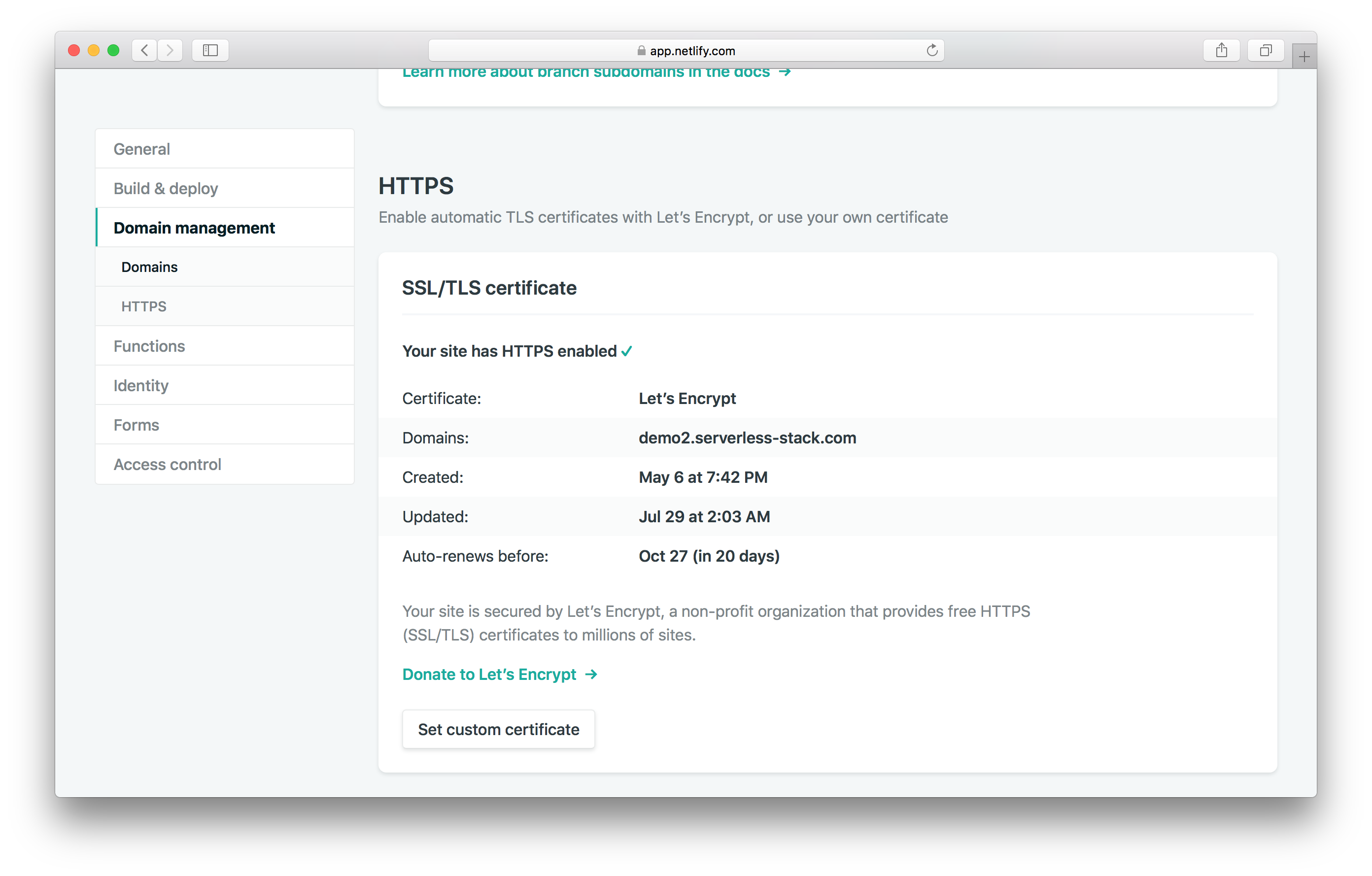 SSL certificate provisioned screenshot