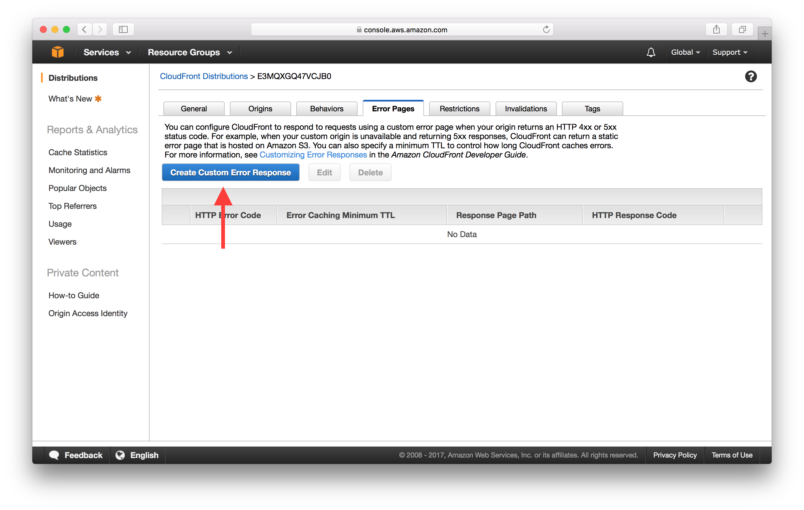 Select Create Custom Error Response in CloudFront screenshot